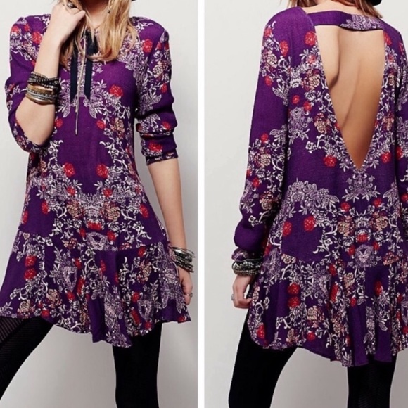 Free People Berry Purple Floral Open Back Tunic Printed Flowy Mini Dress - Picture 9 of 16